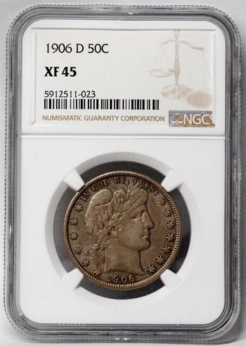 1906 D XF 45 Barber Half Dollar 50C US Mint Coin Currency Free Ship