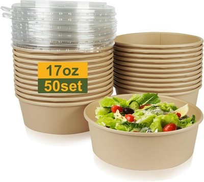 50 Pack Disposable Salad Bowls W/ Lids 17oz Round Microwave-Safe Meal Prep