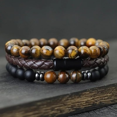 3 Stück Herren Naturstein Armband Set Onyx Tigeraugen Leder Magnetverschluss