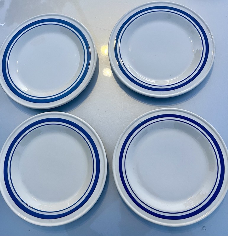Set (4) Friendship Pottery Roseville Dinner Plate Blue Stripe 10” Vintage RARE