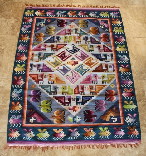 Handwoven Kilm Rug Colorful Animals Birds Fish 63" x 43" Reversible Signed Z.A.