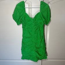 LIC Forever Summer Green Eyelet Ruched Lace Up Back Puff Sleeve Mini Dress Large