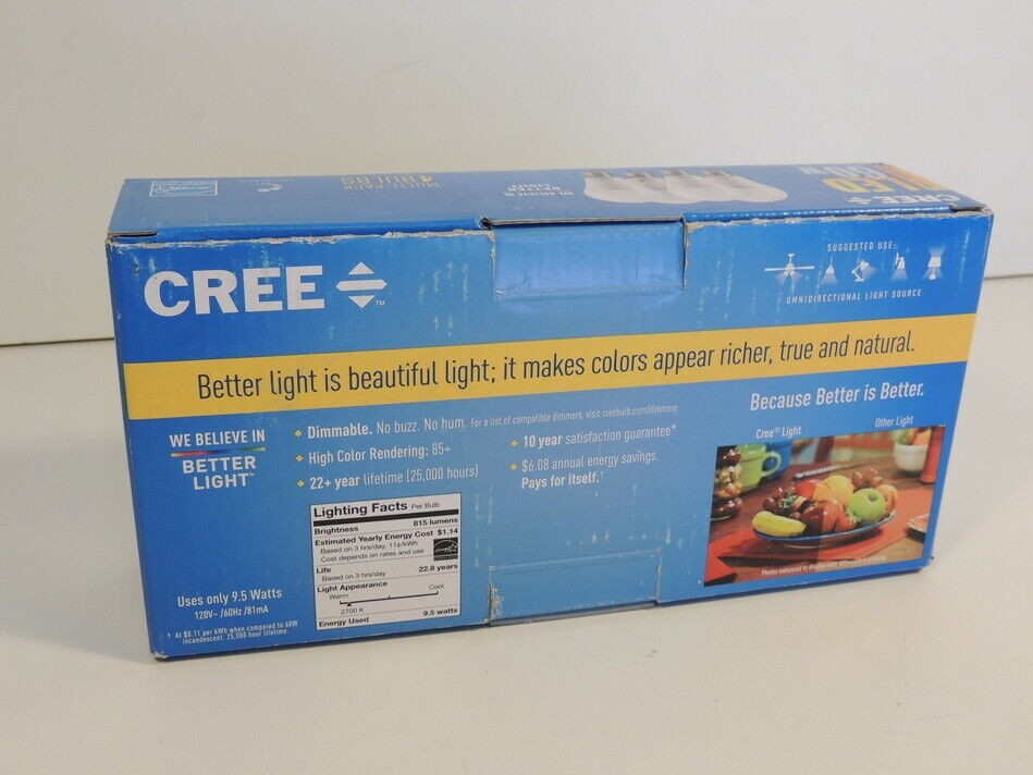Cree 4 Pack Bulbs SA19-08127MDFD-12DE26-1-14 LED A19 Soft White 60W 2700K New