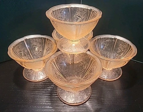 Vintage Lot of (5) Jeanette Cherry Blossom Pink Depression Glass Sherbet Dishes