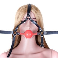 Unisex Bondage Leather Mouth Gag Silicone Rubber Adjustable Harness Flirt