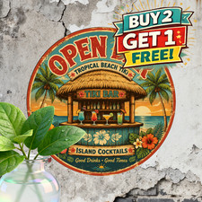 Tiki Island Hut Beach Bar Round Metal Sign Tropical Summer Tin Plaque 8x8 Inch