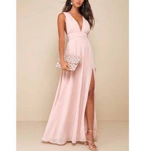Lulus Heavenly Hues Maxi Dress Women's Medium Blush Pleated V-Neck Front Slit