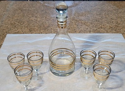 Vintage Clear Glass with Gold Trim Decanter & Cordial 7pc Set 1950's Liquor USSR