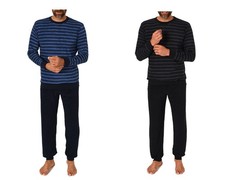 Herren Frottee Pyjama, Langarm, Rundhals,  Ringel, Uni Hose mit Bündchen 75093