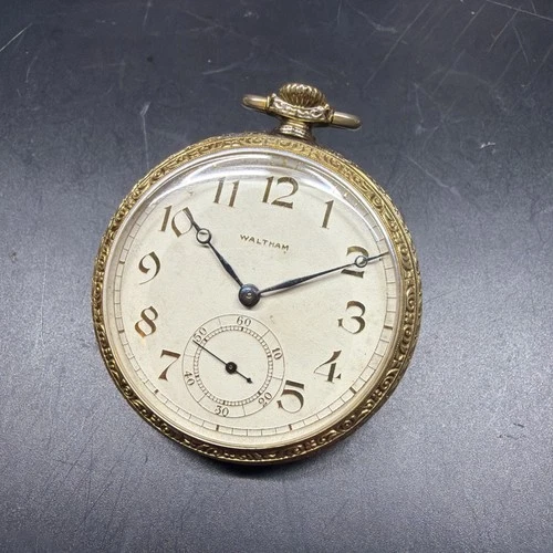 Waltham 12s Antique Open Face Pocket Watch Gold Filled Case Working Condition