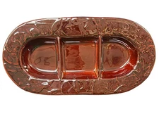 3 Compartment Rowe Pottery divided Embossed Brown Leaf dish 15 1/4 x 7 3/4