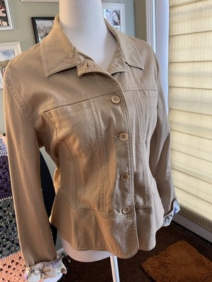 Lemon Grass Womens Tan Spring Jacket  Cotton Spandex Blend Purple Floral Cuff XL