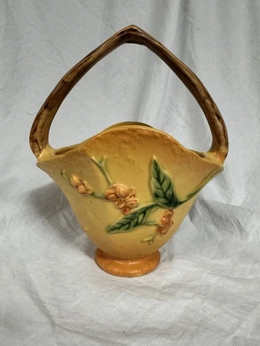 Roseville Bittersweet Yellow 1951 Mid Century Modern Art Pottery Vase Basket 8"