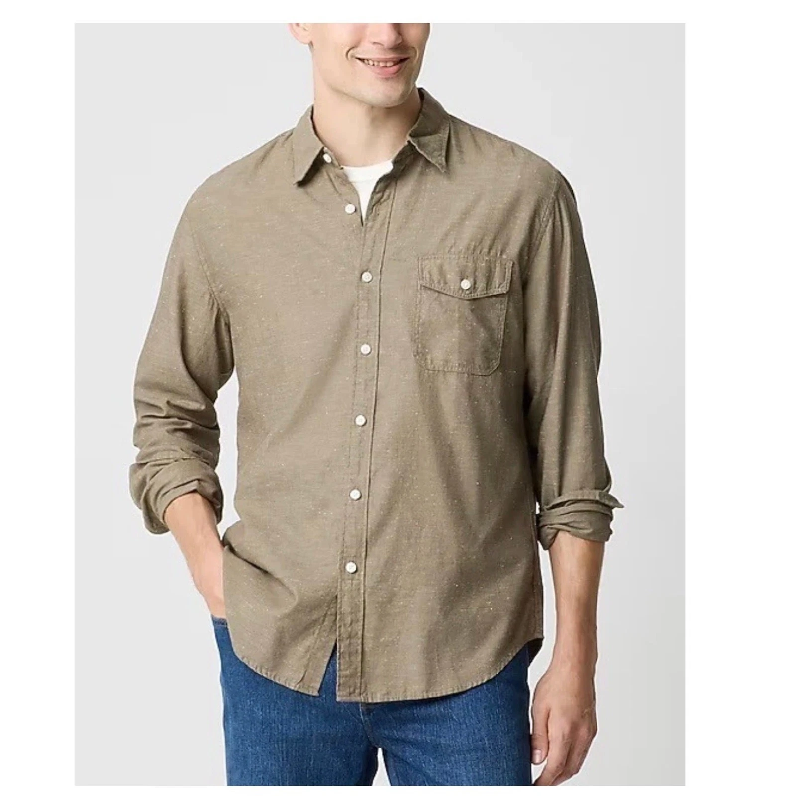 J. Crew Men's Long Sleeve Cotton Button Down Shirt Faded Olive Nep Size XL