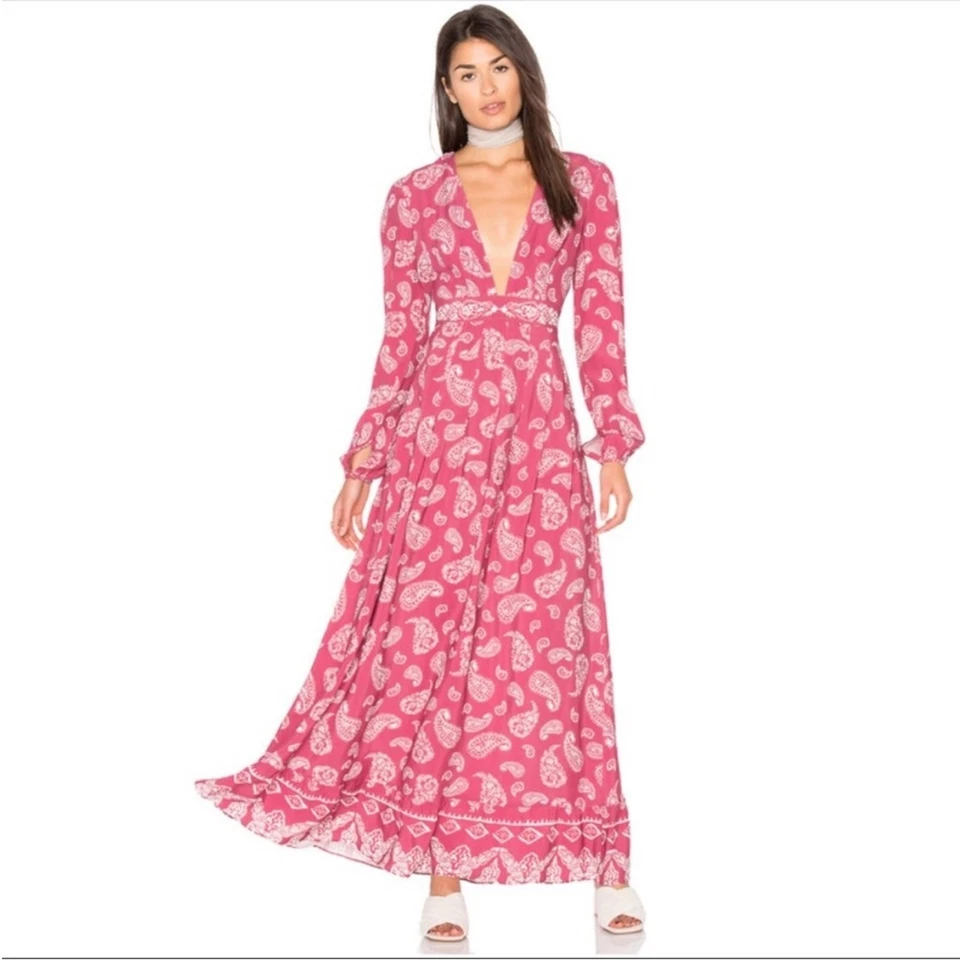 Maxi Vestido Boho Majorelle Rojo Cachemira Manga Larga Gimnasio Talla XS Cuello en V Profundo Foto 3 de 4