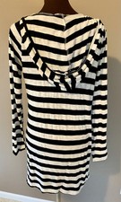 Miken Womens Swim Cover Up S Black White Stripe Long Sleeve Hood V Neck Beach