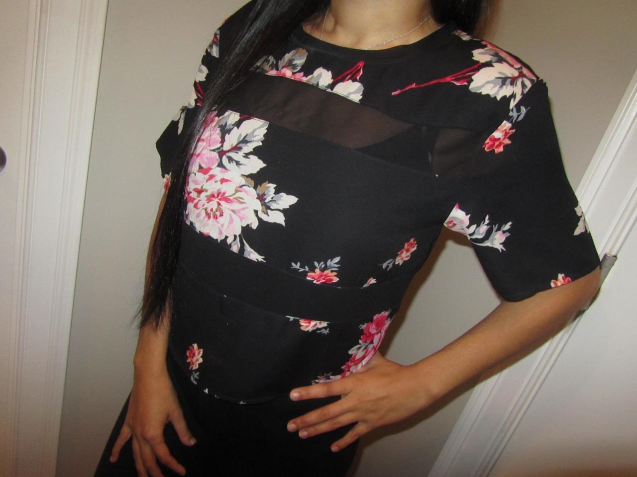 FILA Camicia Express righe trasparenti floreale boxy crop top manica corta blusa donna XS NUOVA