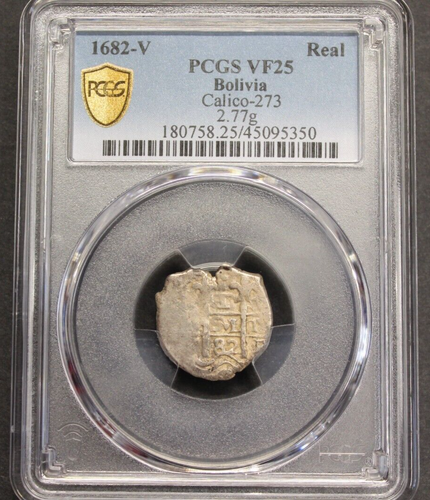 1682 POTOSI 1 REAL COB PCGS VF25 CHARLES II BOLIVIA ASSAY V SILVER COLONIAL ERA - 第 1/4 張圖片