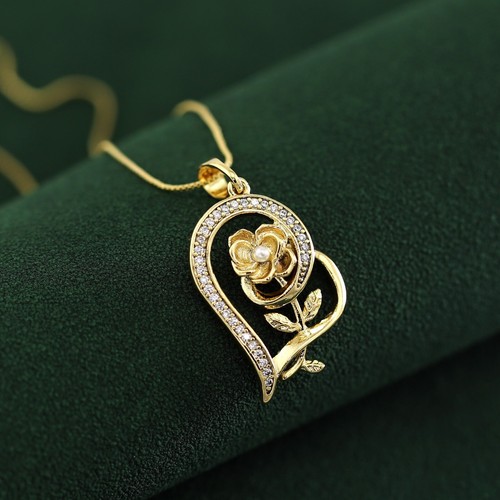 9K GOLD GF Tilted Heart Pearl Flower Charm Pendant Love Her Gift CHAIN NECKLACE - Bild 2 von 7