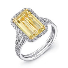 935 Silver Emerald Cut Fancy Light Yellow 3.03Ct Citrine Halo Engagement Ring