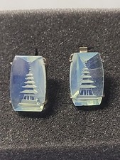 Japan Fine Silver Cufflinks Pagoda Reverse Carved Opaline Glass