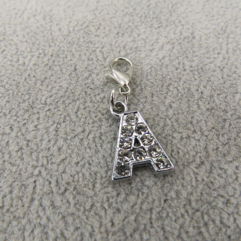 RHINESTONE Initial LETTER A Charm Zipper Pull Keychain Add On Clip Silver Tone - Image 2 of 4