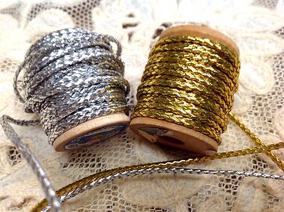 vintage metallic twisted cord 1/16'' gold or silver 3yds spun cotton France