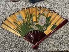Vintage Oriental Wide Fan. Large Bamboo Folding Fan Hand-Painted 26  X 16  