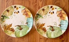 (2) POTTER'S STUDIO DINNER PLATES~FALL~BLUE~GREEN PUMPKINS~THANKSGIVING~HARVEST~