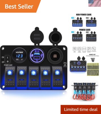 Durable 5 Gang Waterproof Rocker Switch Panel with Power Saving & USB Charging