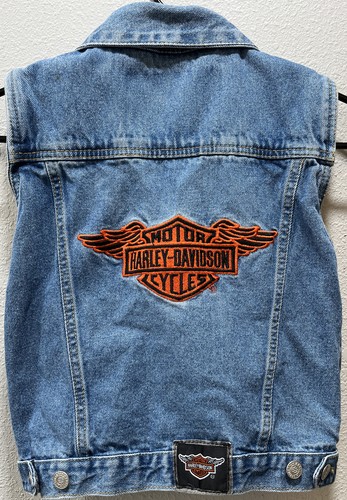 Vintage Harley Davidson Denim Jean Vest Jacket Patches Youth Size 7 Biker - 第 7/12 張圖片