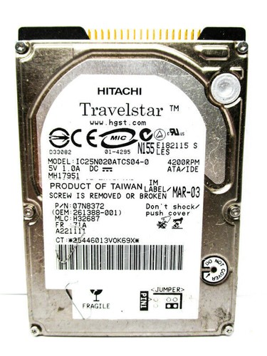 Hitachi 20GB 40GN IC25N020ATCS040 IDE 07N8372 Laptop Hard Drive WIPED & TESTED! - Picture 3 of 4