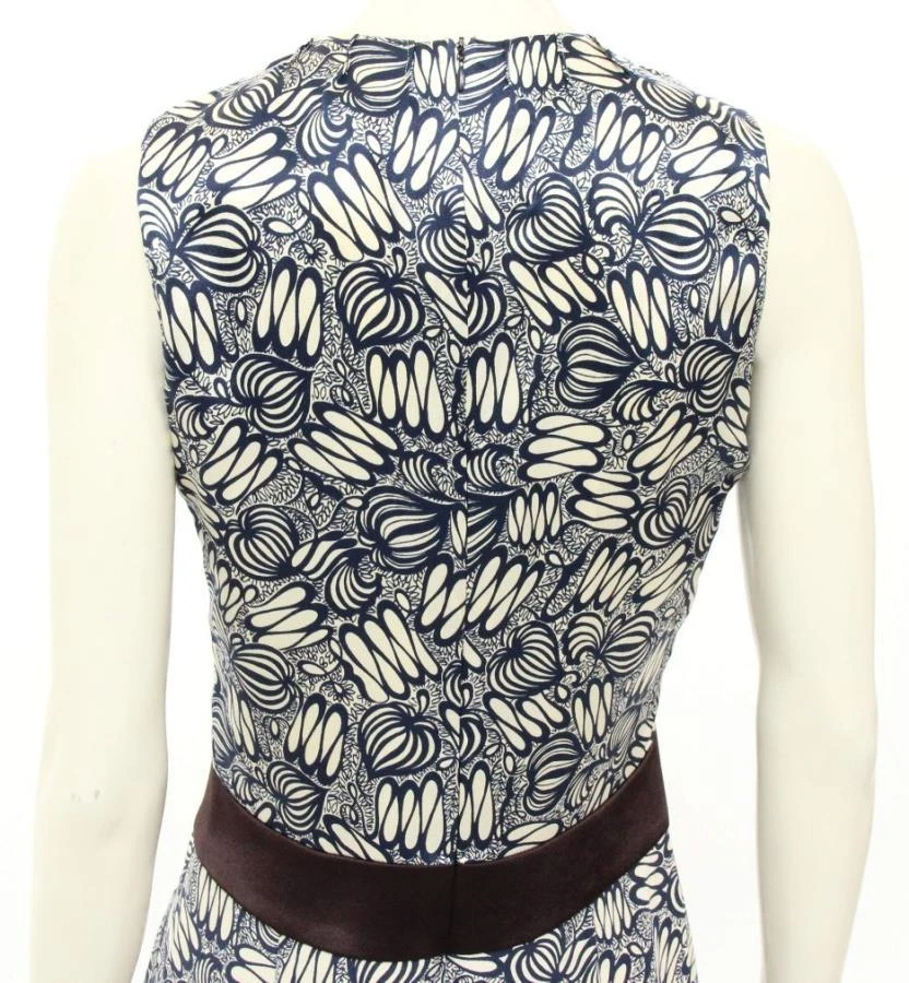 CELINE Abito in guaina collo a V blu navy e crema seta stampa batik 38