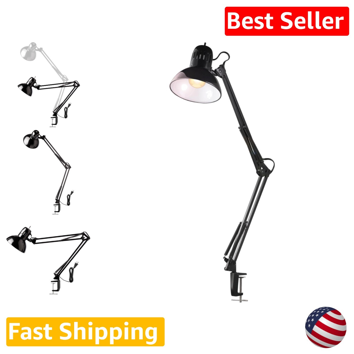 Contemporary Black Adjustable Swing Arm LED Desk Lamp - Energy Efficient Modern Lighting