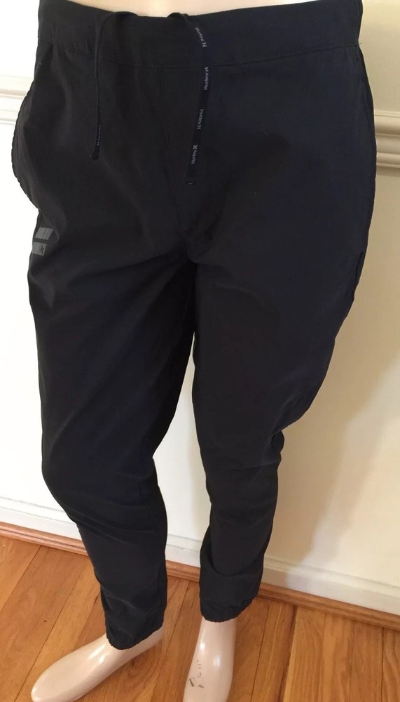 Hurley Mens Black Run Jogger Pants with Elastic Waist Stretch Poly Nylon Fabric