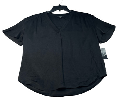 Alfani Blouse Womens Size Large Black Satin Short Sleeve Vneck New