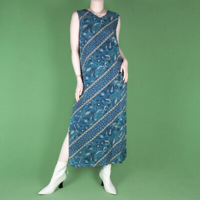 Vintage 90er 80er blau Paisley Grunge lang Maxi Schlitz Muster Kleid Medium 12 14