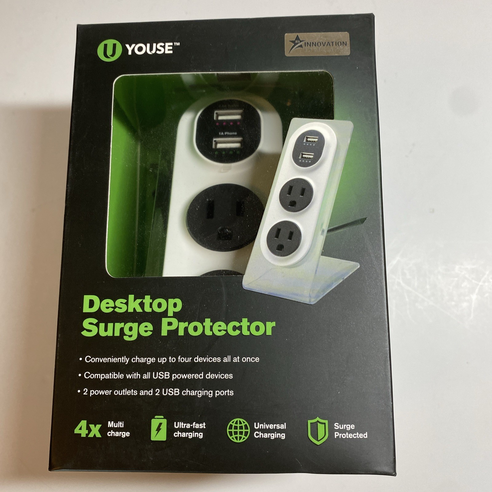 Desktop Surge Protector with 2 power outlets and 2 USB charg