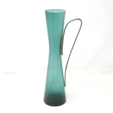 Retro / Vintage Modern Teal Glass Carafe or Pitcher w Metal Handle