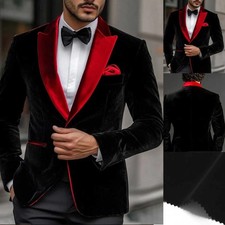 Black Velvet Men's Solid Color Suit Red Shawl Lapel Single Breasted Jacket Slim