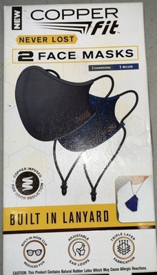 COPPER FIT NEVER LOST FACE MASKS w/LANYARD -1 BLUE & 1 CHARCOAL - 2 PACK - NEW !