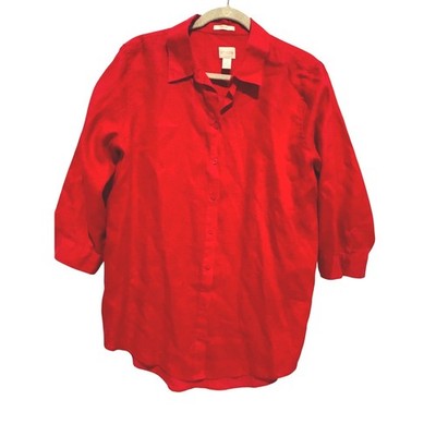 Chicos Coral / Red 100% Linen Button Down Top 3/4 Sleeve Sz 2 L Oversized resort