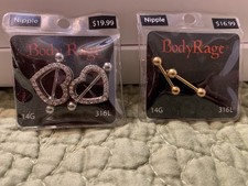 Heart shape Stud set of 2 Nipple rings piercing Gold Bars 14G