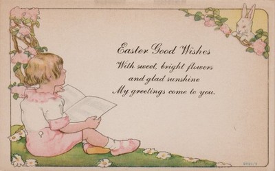 Vintage Easter Good Wishes Postcard Girl Reading Book Bunny Roses 1910s