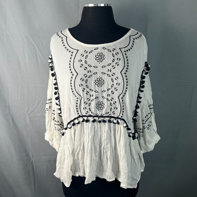 A.n.a A New Approach Peasant Blouse Women Large White Black Embroidered Pom-Pom