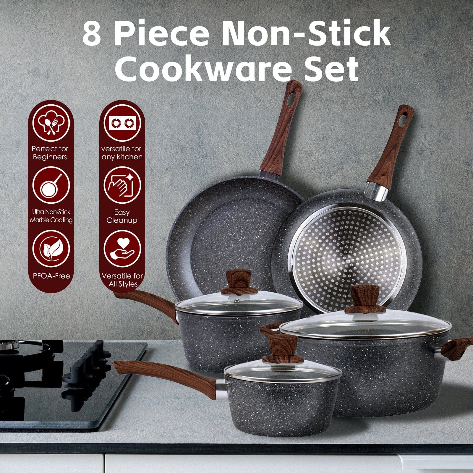8Pcs Cookware Set Frypan Casserole Saucepan Pot Non-Stick Fry Pan All Cooking Au