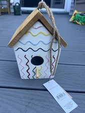 Vogelhaus aus Keramik und Holz bunt neu mit Etikett. Sitzstange aus Holz für Vögel