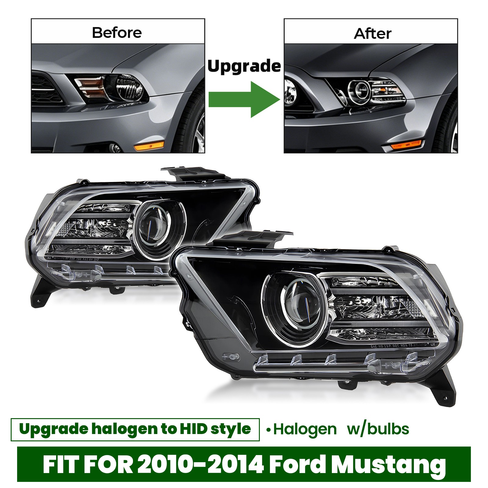 Pair Halogen Headlight For 2010-2014 Ford Mustang w/Bulb Upgrade to HID facelift