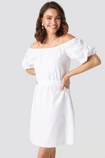 NA-KD Women's Dress Off Shoulder Puff Sleeve, White, 34