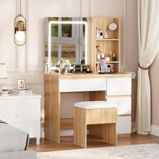 Makeup Vanity Desk with Lighted Mirror, Dressing Table Set with 4 Drawers, Power